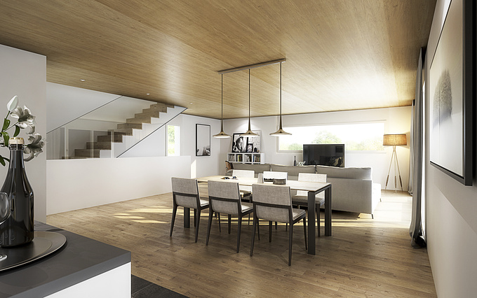 An interior rendering for a wooden single family house. Although the actual wood structure is not visible, we tried to focus on the wood topic with the ceiling.
