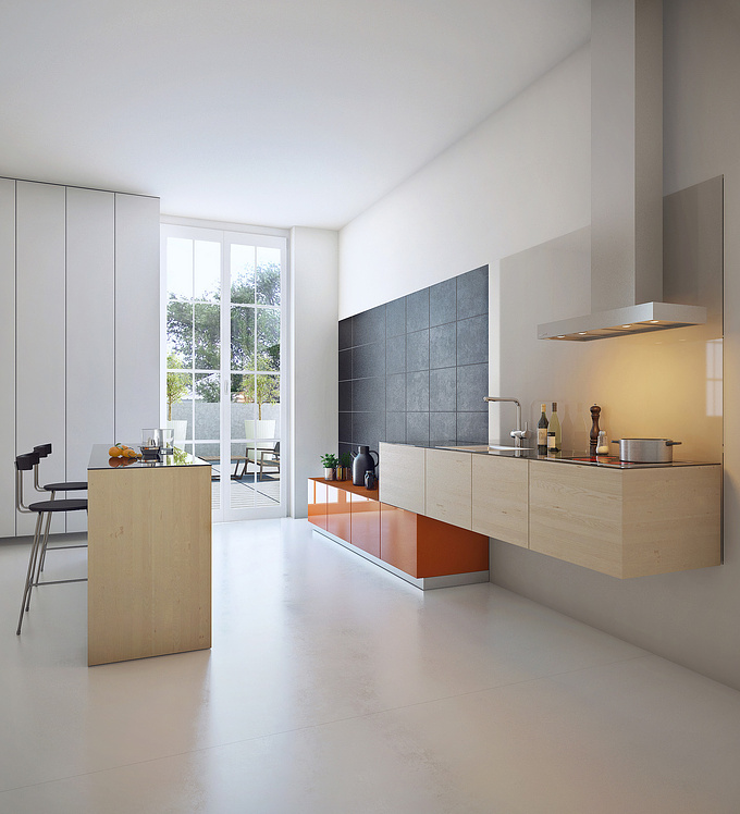  - http://cubicscene.com/
3d modeling, texturing, lighting and rendering of kitchen space.