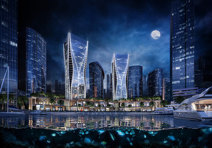 Wolf Visualizing Architecture - http://www.wolf-va.com/
Render made in night time for the Reem Towers in Abu Dhabi.