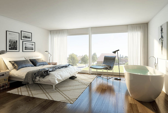 DVDarchitecture GmbH - http://www.dvdarch.ch/
Interior rendering of a bedroom with a bathtub.