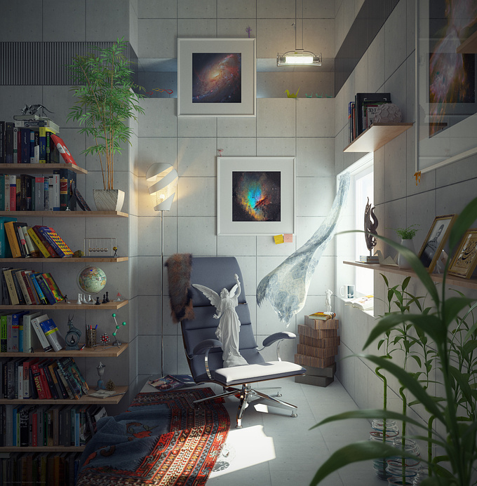 This is my favorite fantasy room in the high building for reading and resting with a window to watching horizon. Scene set in Maya, rendered in V-Ray and Photoshop for compositing and adding post-effects.