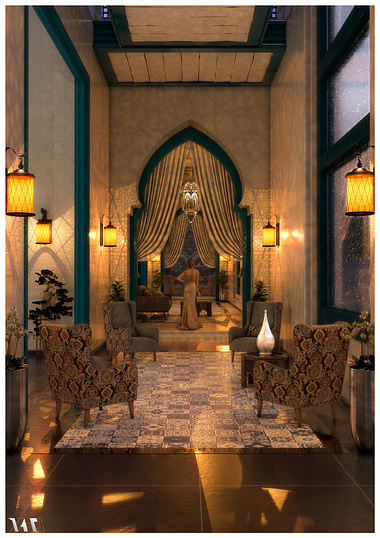 Moroccan style hotel lobby