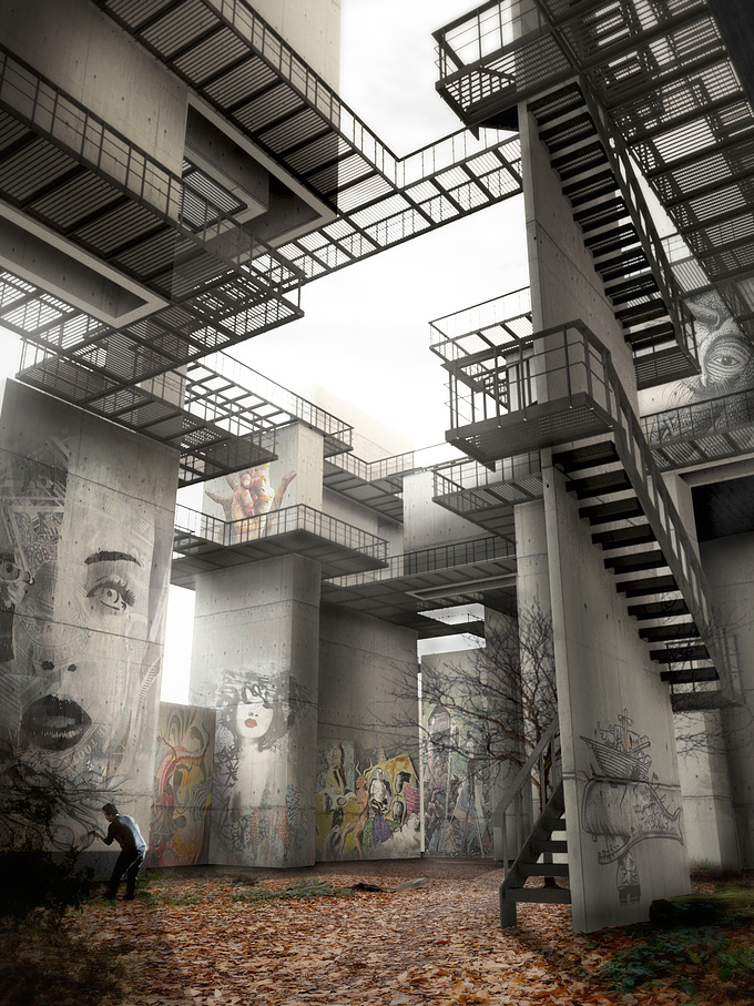 A project in which the structure is made up of concrete street art canvases.