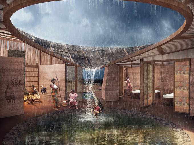 As part of a competition to design a residence for the growing ‘Jorejick’ family in rural Tanzania, architects Pranav Thole and Rutu Kelekar have completed the ‘Bridging landscapes’ proposal. The project introduces a low-cost house made from mud, that adapts and responds to the ecology, featuring a rainwater collecting vortex roof, aiming to provide a solution to the regional issue of water shortage.