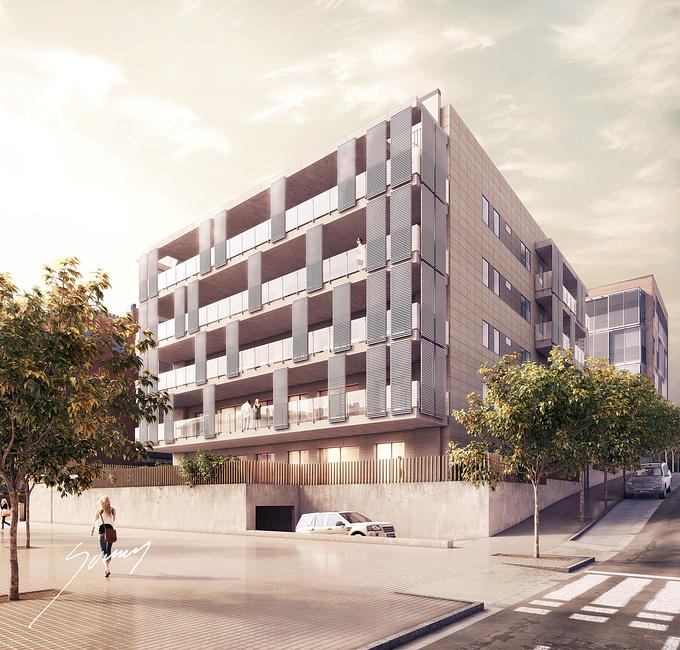 Rhino + 3ds max + vray + photoshop

Image of an apartment building in the outskirts of Barcelona.