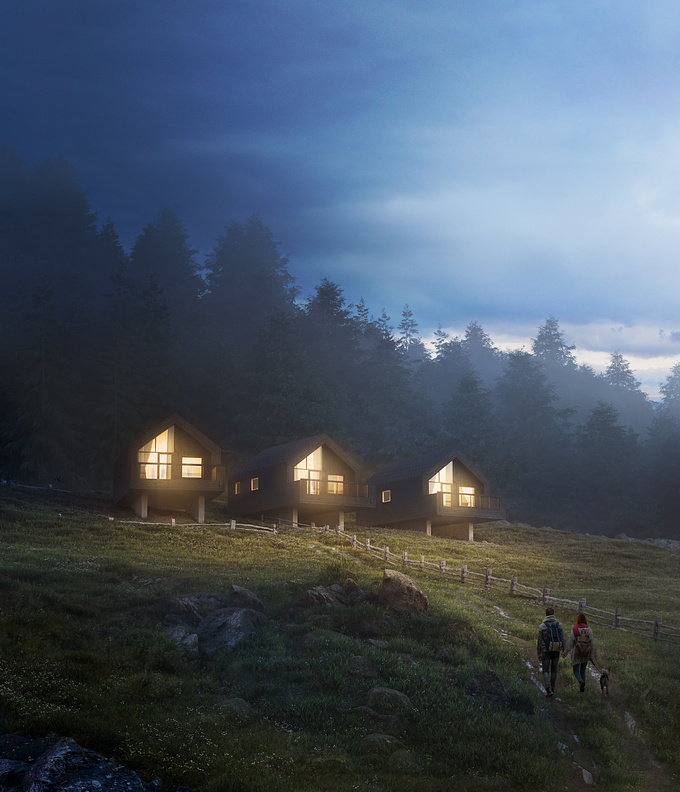 Hello there.
These visualizations were kind of a challenge for me. I was curious if I can create different weather conditions, story or something like that? And what I've done. This is a non-commercial project. 3D modeling based on the photography of Gustav Willeit.

Non-commercial project: Fan Forest Houses
Architects: Bergmeisterwolf Architekten​​​​​​​ 