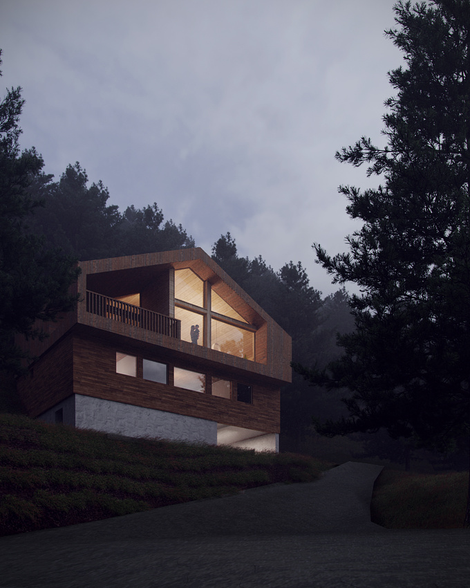 Exterior render of the Mountain House in the evening atmosphere.