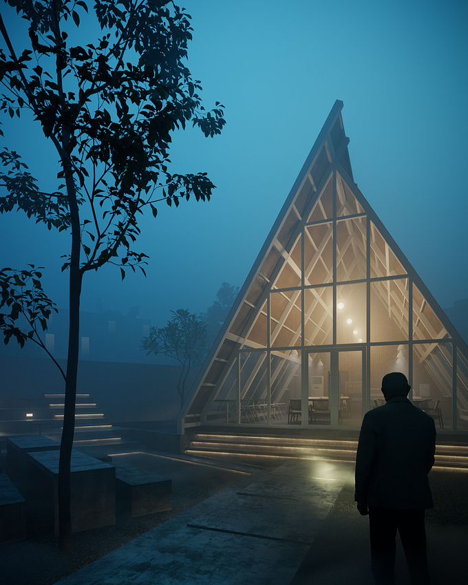 Really like the triangular shape building compared with surrounding, the color scheme also makes the warm from inside and cool from outside. 

Hope you like it 