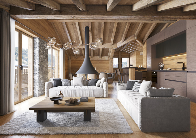 Visualizations set for the chalet interior with a ski slope view in Zell am See - Kaprun in Austria.