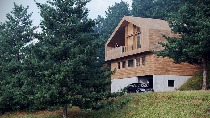 Exterior render of the Mountain House in a summer atmosphere.