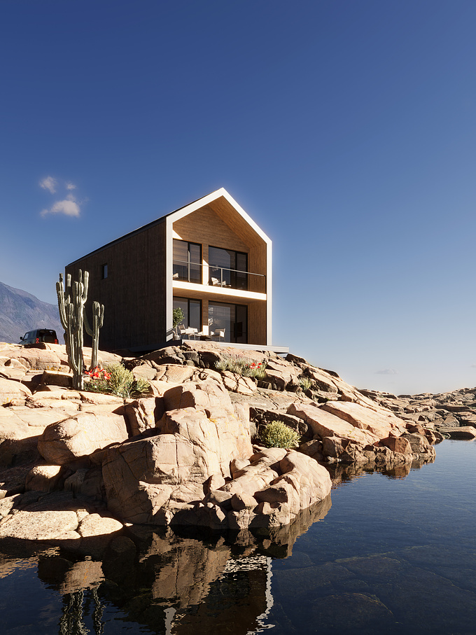 A concept of a guest house at Arizona lakeside.