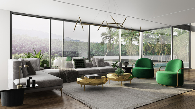 Archicgi - https://archicgi.com/
Great sample of Modern Luxury 3ddesign for the Living room.Trendy furniture, shining metal, transparent glass look amazing in soft daylight.
Green and gold accents give the exquisite atmosphere to this fashionable living room and make this high quality Vray 3dvisualization attractive and eye catching 
Realistic 3d view created by Archicgi CGartists