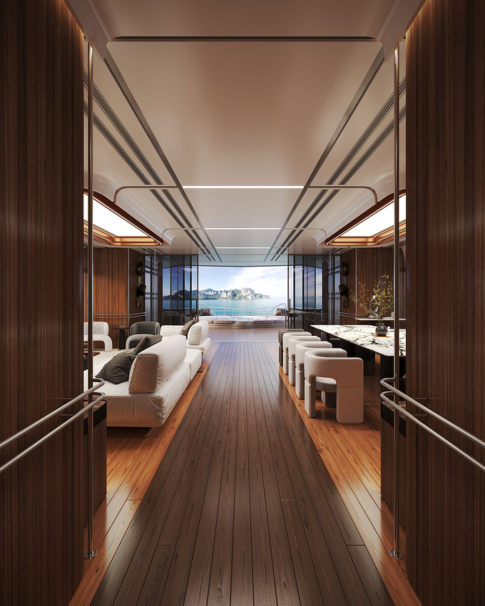 The yacht interior visualization project embodies a refined combination of natural wood and lighting accents, creating an atmosphere of luxury and comfort. Utilizing warm wood tones and integrated lighting, each space is the perfect setting for relaxation and enjoying the seascape. Elegant furnishings and thoughtful details complete the image of contemporary maritime sophistication.