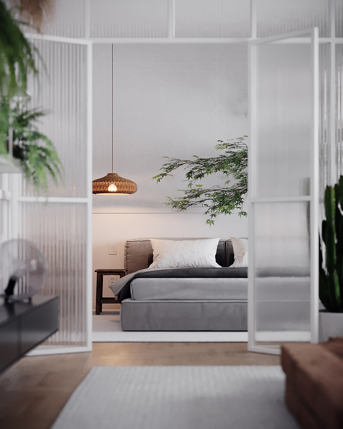 the intention was to bring forth the "jungle" to this interior design, in a japandi style - minimal and organic.
design and visualization
2021