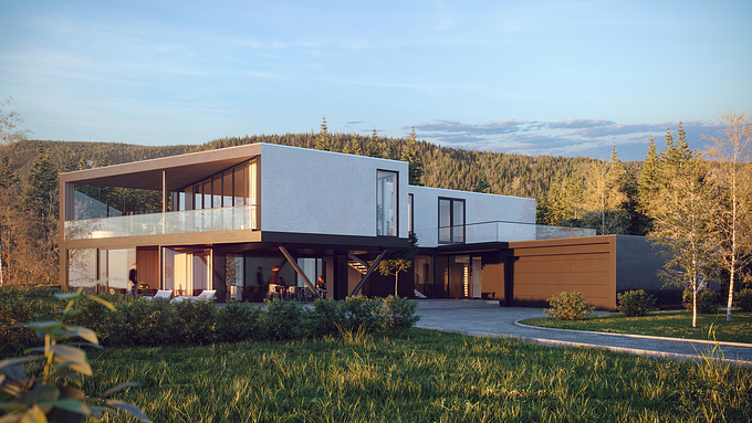 This time we made visualization of a private villa in a private place in Norway. The modern Scandinavian style is well seen in white walls with wood panelling, large windows and simple architectural forms. A large outdoor terrace on the first and second floors unites the space of the house with the environment. Evening lighting gives the picture a special mood.