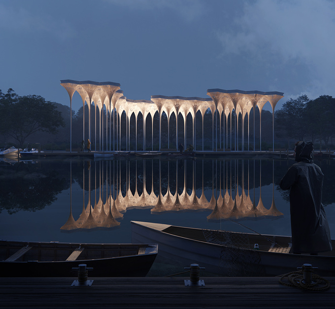 Janusch - http://Janusch.co
Elytra Pavillion by ICD 
Fishing time / personal project
Rendering by Janusch. Using 2D cutouts by Cylind
https://www.behance.net/gallery/84251439/ELYTRA-PAVILLION