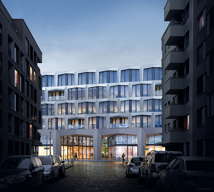 Office building with commercial space located at Revalerstrasse in Berlin, Germany. Exterior renderings for real estate marketing.