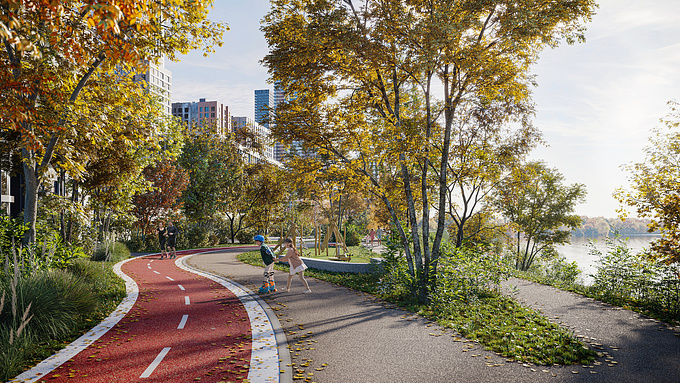 The boulevard's design, featuring a combination of wide asphalt paths and winding scenic trails, provides a variety of experiences for residents and visitors alike. The incorporation of green natural areas and spaces for different activities demonstrates a thoughtful approach to urban planning that caters to diverse interests and preferences.