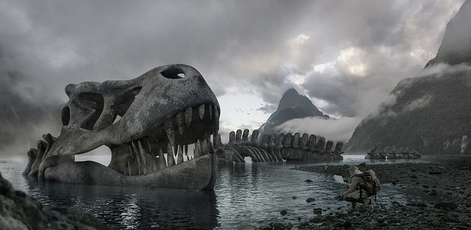 3d + Matte Painting made for a contest with the theme dinosaur for Unhide School