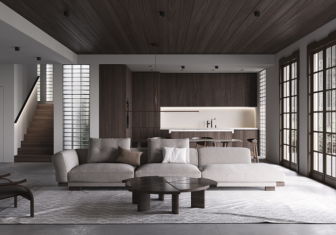 Design of a forest/retreat home with walnut wood cabinetry and selected products.

-Sengu sofa, Cassina, by Patricia Urquiola
-Rio, Cassina, by Charlotte Perriand
-Woodline, Cassina, by Marco Zanuso
-Lesbo, Artemide, by Angelo Mangiarotti
-Concorde table, Poliform
-CH33T chair, Carl Hansen & Son
-"MEta" wall lamp, by James Dieter
