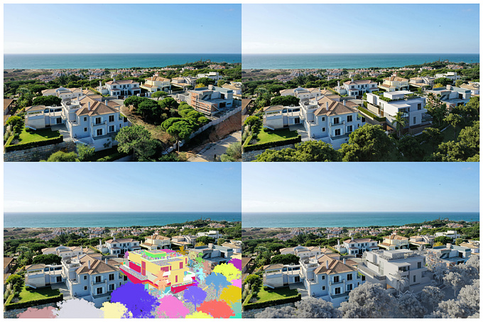 The process of combining a drone photo with the 3D model incorporated perfectly in the scene.