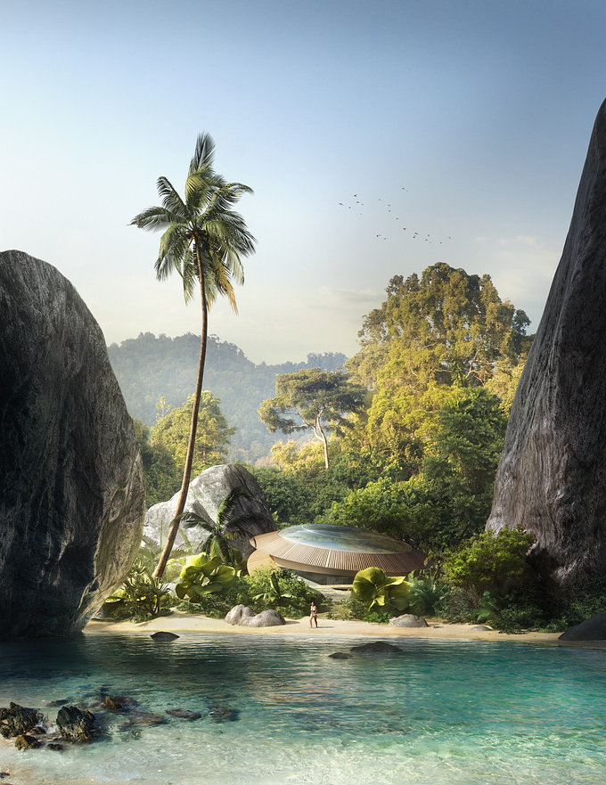 This is a concept of a ring house on a tropical island. The illustration try to catch that tropical feel with the delicate heat of the sun, the abundant vegetation and the particular color of the lagoon.
