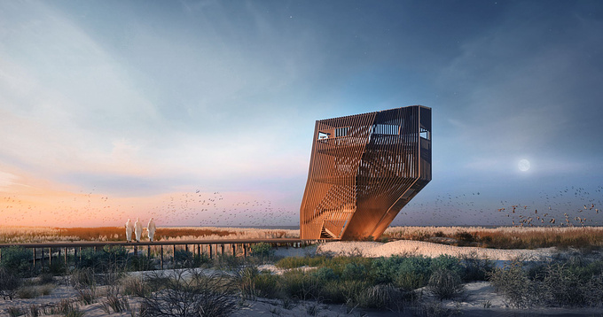 Our project was shortlisted for the Bee Breeders Abu Dhabi Flamingo Observation Tower architectural competition. The competition tasked entrants with designing an observation tower which celebrated the unique landscape and diverse wildlife native to the Al Wathba Wetland Reserve. The design team on the project included Alfonso Lopez and Alex Nunes. As part of the project team, we created a series of beautiful renderings to showcase the compelling tower. The renderings depict the striking design amidst stunning landscapes. We created a fully-3D setting stretching to the horizon to emphasize the impressive scene. We included a variety of angles which best highlighted the unique design while proving how well it harmonizes into the wetlands. Our scenes help capture the natural activity and beauty of the environment. This was an exciting project to work on; we always look forward to special noteworthy projects to test our skills.