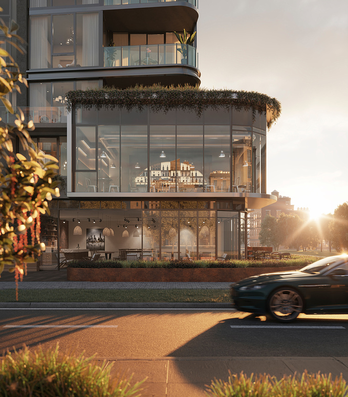 Exterior image of building with modern design and golden hour sunset