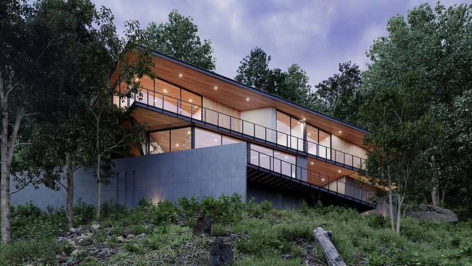 Renders by reference:
(https://www.dezeen.com/2022/01/14/pr-house-triangular-forested-hillside-chile/)
Software: 3ds Max, Corona Renderer, Forest Pack, RailClone, Photoshop
