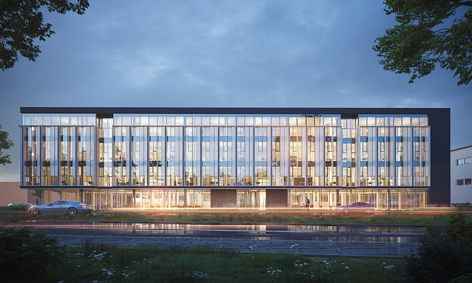 Project of an office building located at ul. Zagnańska in Kielce. Architecture designed by the Detan architectural studio. The various levels of transparency of the materials used provide the facade with a unique character that can be felt particularly well in the night scene.