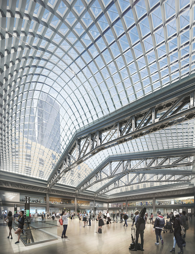 Moynihan Train Hall, designed by Skidmore, Owings & Merrill, is not only a bustling transit hub but also a building complex that revives the grandeur of traveling by rail. Formerly a somewhat under-utilized facility, the hall has transformed into a welcoming public space meeting 21st century standards. The illustrations we created for our client pair the complex structure of the architecture with clear narratives, resulting in balanced compositions. Details, such as the cab in motion, glistening glass panels and vaults covered in rain droplets further enhance the true-to-life feel of the scenes. 