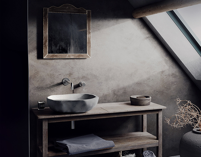 In this bathroom visualization, I emphasized crafting detailed materials to capture a sense of time. Aged wood, weathered mirror, and intricate concrete textures tell a story of the passage of time. 
Software used: 3DS Max, Corona Renderer, Adobe Photoshop