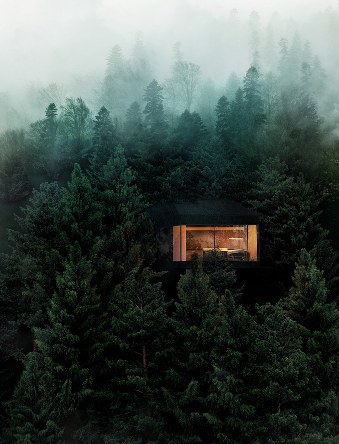 Beeing inspired by some photos I created a quick concept for a cabin surrounded by pine trees