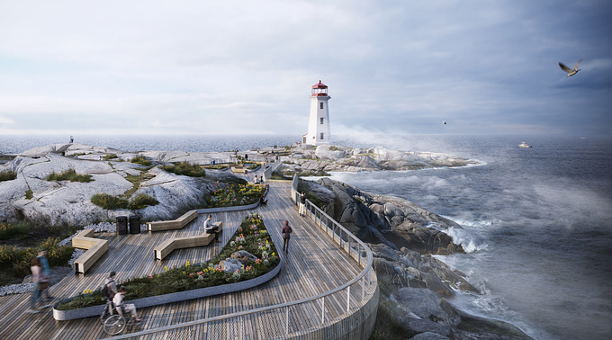 #normandthegang was commissioned by Omar Gandhi Architect, to visualize the future of Peggy's Cove: a proposal to remove all vehicles from the current road loop in exchange for a safe, pedestrian-friendly pathway which is to be built atop the former road. The new boardwalk is fully accessible and provides two lookout points which cantilever out towards the lighthouse, providing a new perspective for those visiting again and the memory for a lifetime for those unable to navigate the rocky terrain.