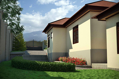3D Visualization showing a Rear view a house on a sloped lot