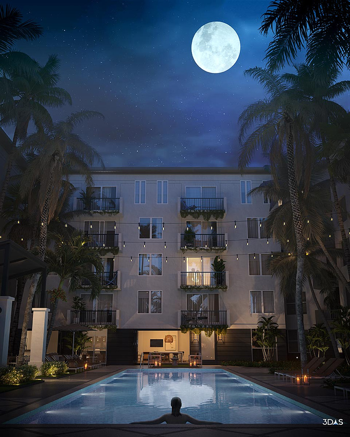 As the moon cascades into the pool, we see a woman at the pool edge overlooking an apartment window. Building narratives blurs the lines between typical 3D renderings and fine art.