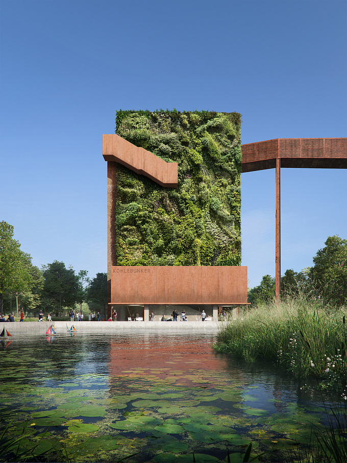A green "Wolpertinger", a mythical creature from the Bavarian Forest, has been the inspiration for the design of the green facade on the old coal bunker in Gelsenkirchen. We are pleased about the honourable mentions of KKLF Architekten and BBZ Landschaftsarchitekten.