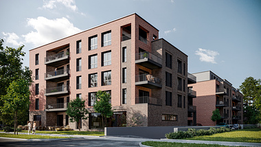  Exterior visualization of a tripartite apartment complex
