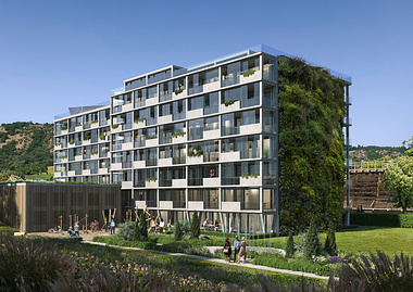 Exterior visualization of a green residential quarter in a pretty spa town