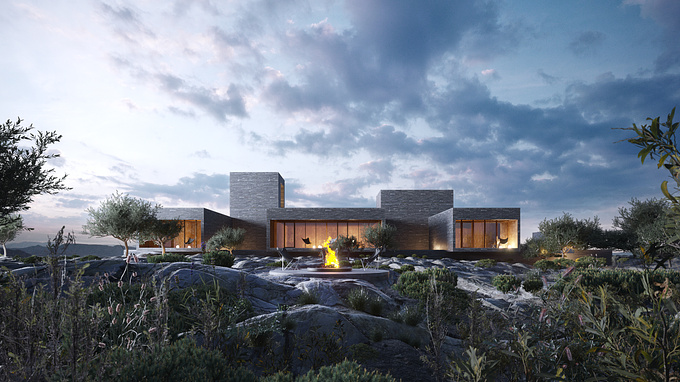 The emotional visualization of the modern villa. Simple architectural forms in combination with natural stone facade blend in with the environment. Big amount or large windows adds lightness and volume to the internal space. What's driving the uniqueness of this project is the emphasis on the nature of the place.