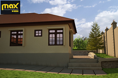 3D Visualization showing a Rear view a house on a sloped lot