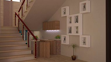 small kitchen below stairs