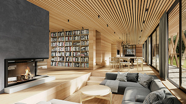  Interior visualizations of a modern-design home in the woods