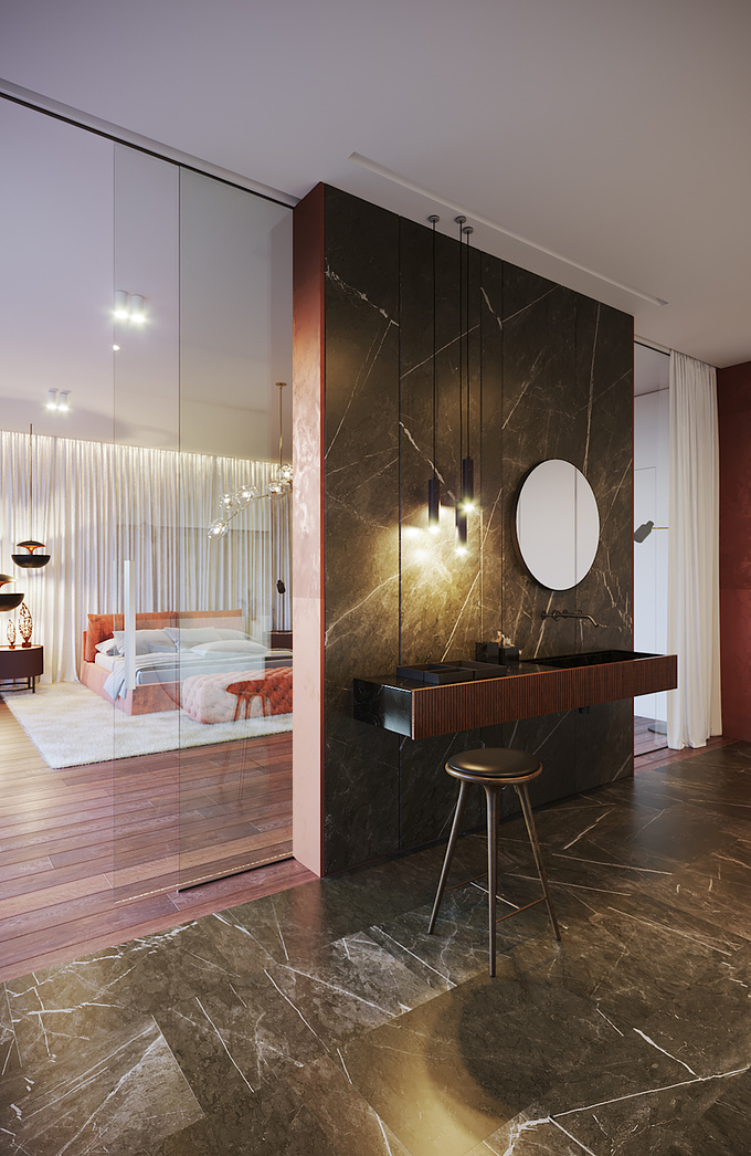 Visualization of the stylish interior of the bedroom and bathroom. Minimalism in combination with contrasting natural materials in decoration perfectly reflects the modern style of this space. Wood and marble, a lot of light and dark shades - these contrasts give uniqueness and identity to the interior.