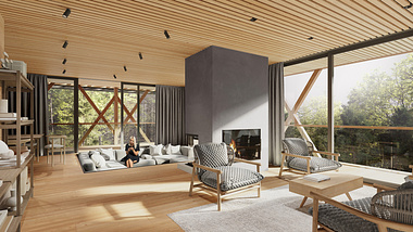  Interior visualizations of a modern-design home in the woods