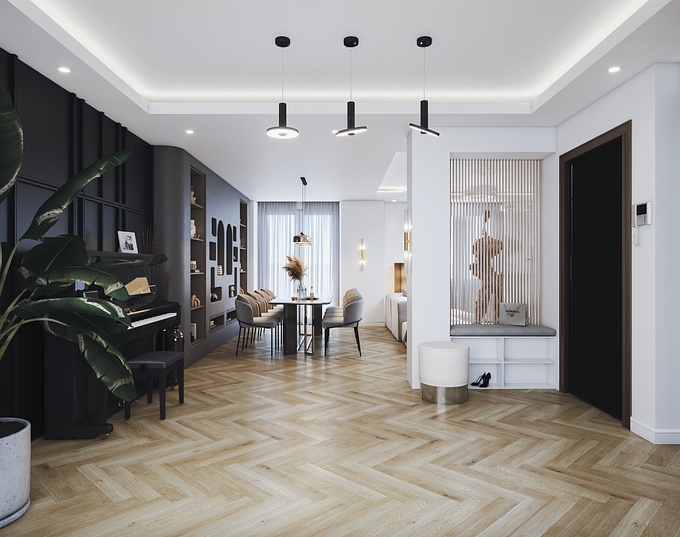 The visualization project is for an apartment in Turin city with a 140 square meter area, consisting of an entrance, kitchen, living space, and dining area.