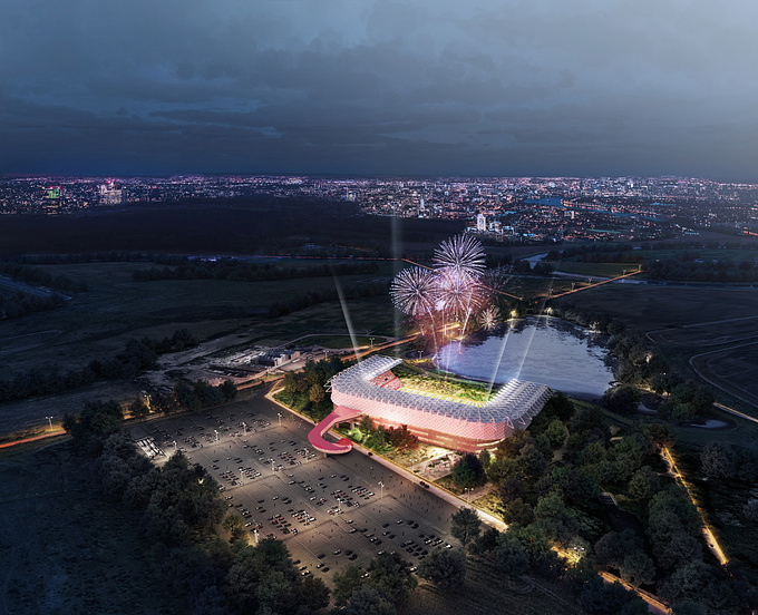 concept image of uncommission Edinburgh Stadium Project from aerial viewpoint at night with desurated and blue-ish color grading