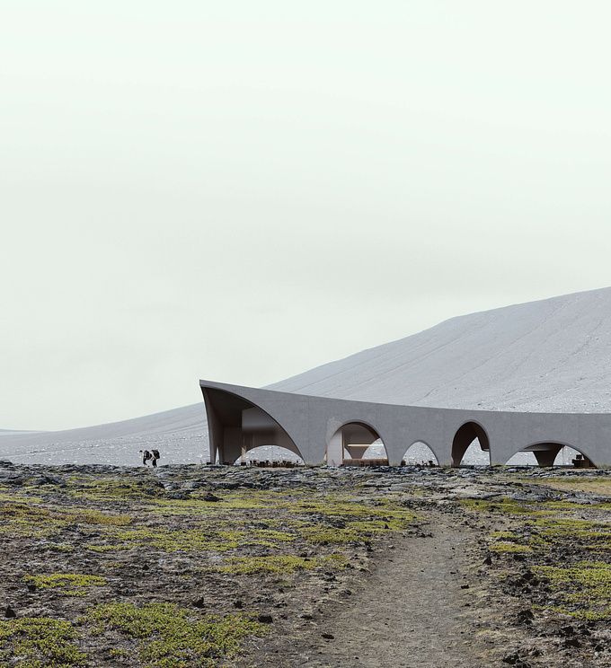 Resting near the Hverfjall volcano on the northern side of Icelandic territory, the project is designed to host a coffee shop located at the base of the hiking trail.