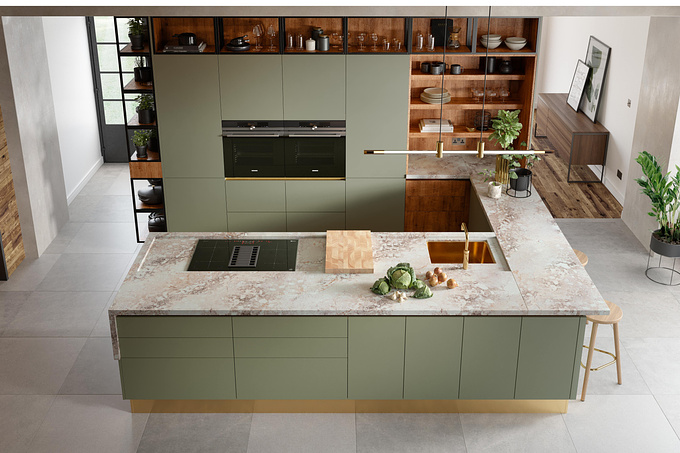 Fresh large kitchen CGI with a green handleless slab door range