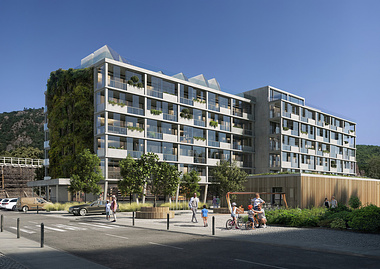 Exterior visualization of a green residential quarter in a pretty spa town
